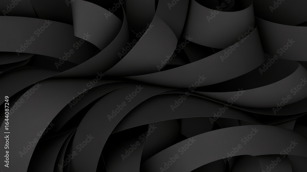 Poster abstract, black ribbons swirling together, creating a dynamic and artistic display