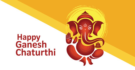 Happy Ganesh Chaturthi greeting card featuring vibrant yellow-orange background and Lord Ganesha with crown, multiple arms, and festive typography