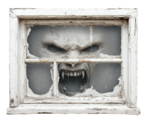 A terrifying monster with sharp teeth appears in a broken window, ready to frighten.