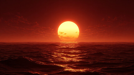 Fiery sun setting over dark rippling ocean waves under a dramatic red sky sunset water