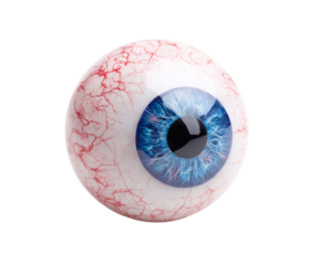 A detailed shot of a prosthetic eye featuring a vibrant blue iris and intricate blood vessels.