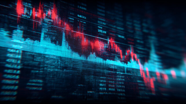 Abstract red and blue waveform over a dark grid with motion blur and noise. Signifying financial volatility, network monitoring, audio analysis, anomaly detection