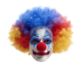 A vibrant clown with colorful hair and playful makeup is captured in a close-up portrait
