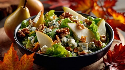 Pear and walnut salad with blue cheese, styled with fall leaves and minimal kitchen backdrop
