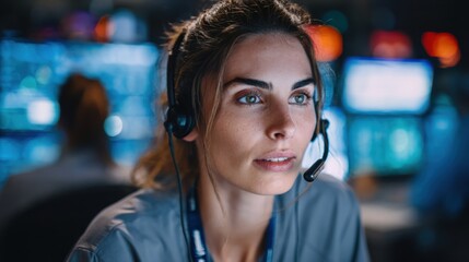 Focused medium shot of a nurse using headsets in a command hub analyzing realtime wearable alerts from home care patients with surrounding monitors and staff softly out of focus.