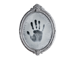 A handprint appears on an antique mirror, suggesting a ghostly presence.