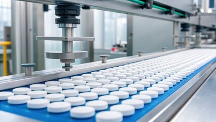 Automated precision in motion a stream of white pills on a blue conveyor belt in a pharmaceutical