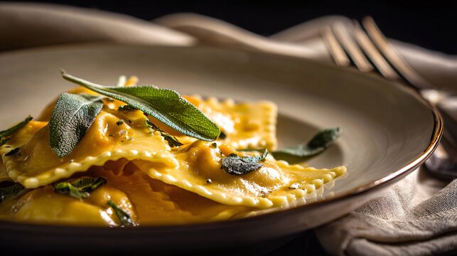Pumpkin ravioli in sage brown butter sauce, plated simply with elegant lighting and a soft napkin - Powered by Adobe