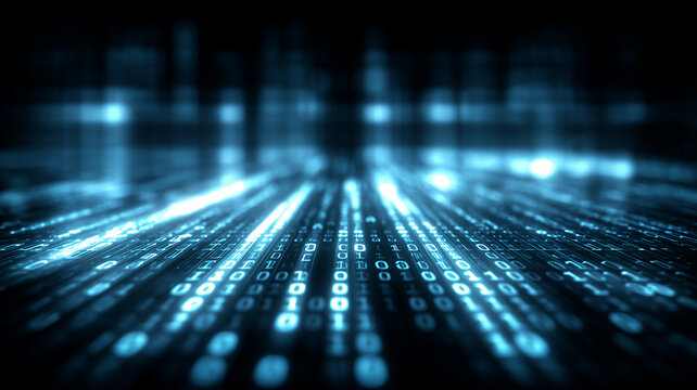 Endless highway of glowing binary streams racing toward a distant horizon. Symbolic depiction of big data analytics cyber highways digital transformation and rapid information travel.
 - Powered by Adobe