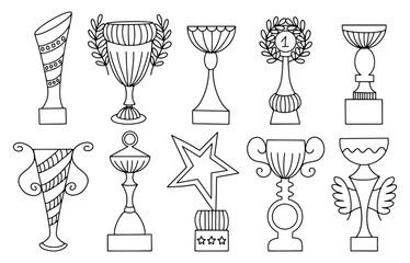 Set of winner's cup in sketch style. Vector kinds of cups line sketch set