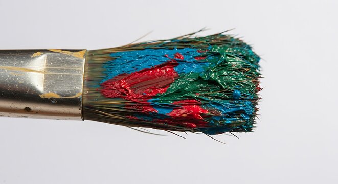 Close up of a paint brush with red, blue and green paint on bristles, art supplies for painting and creativity