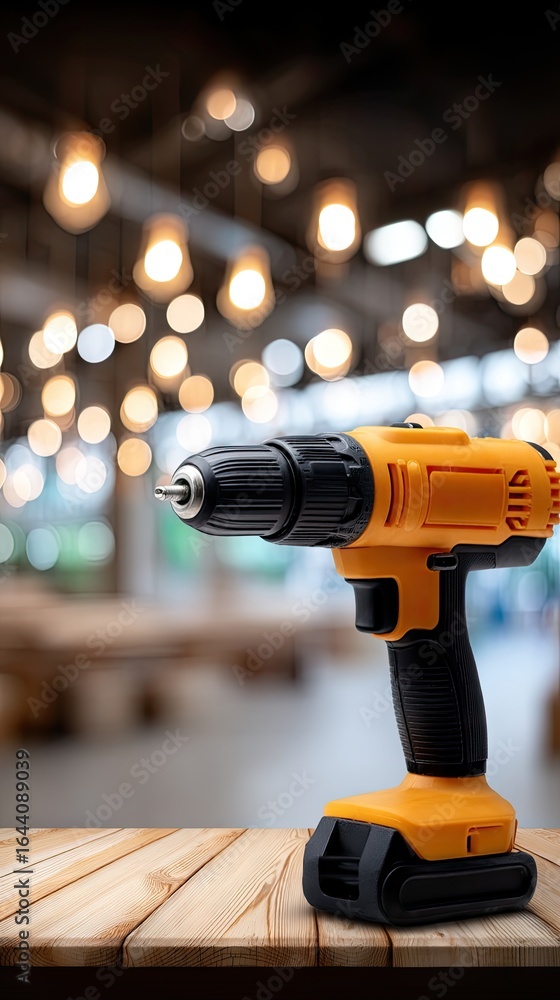 Poster cordless drill on wooden surface with blurred lights in background highlighting its features in a wo
