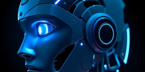 Futuristic AI robot head, glowing blue eye, dark background,  innovation,  artificial intelligence