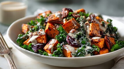 Roasted sweet potato and kale salad with tahini dressing, styled on a marble slab with soft shadow