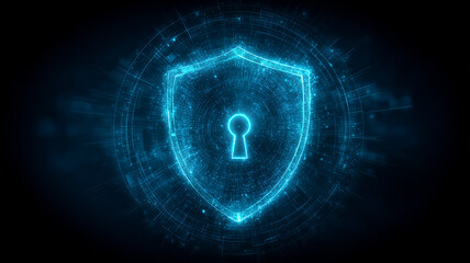 Glowing digital shield with keyhole representing cybersecurity resilience data protection and trusted access in virtual networks
