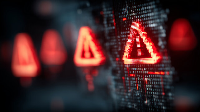 Digital warning triangles glowing in red highlighting system alerts risk notifications and cyber threat indicators across data grids
