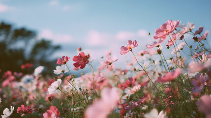 Delicate pink and crimson blossoms sway gently under a soft blue sky pink flowers crimson flowers