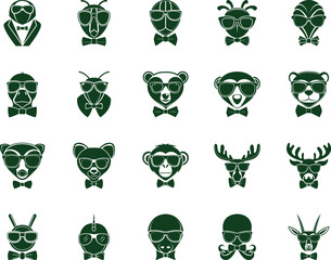 Sophisticated dark green animal faces wearing bow ties and sunglasses against a white background