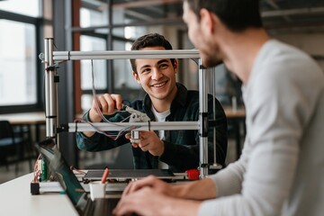 Two Young Engineers Collaborating on a 3D Printer Project in a Modern Workshop Environment