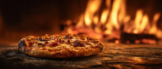 The delicious wood-fired pizza sizzling in front of a roaring fire.