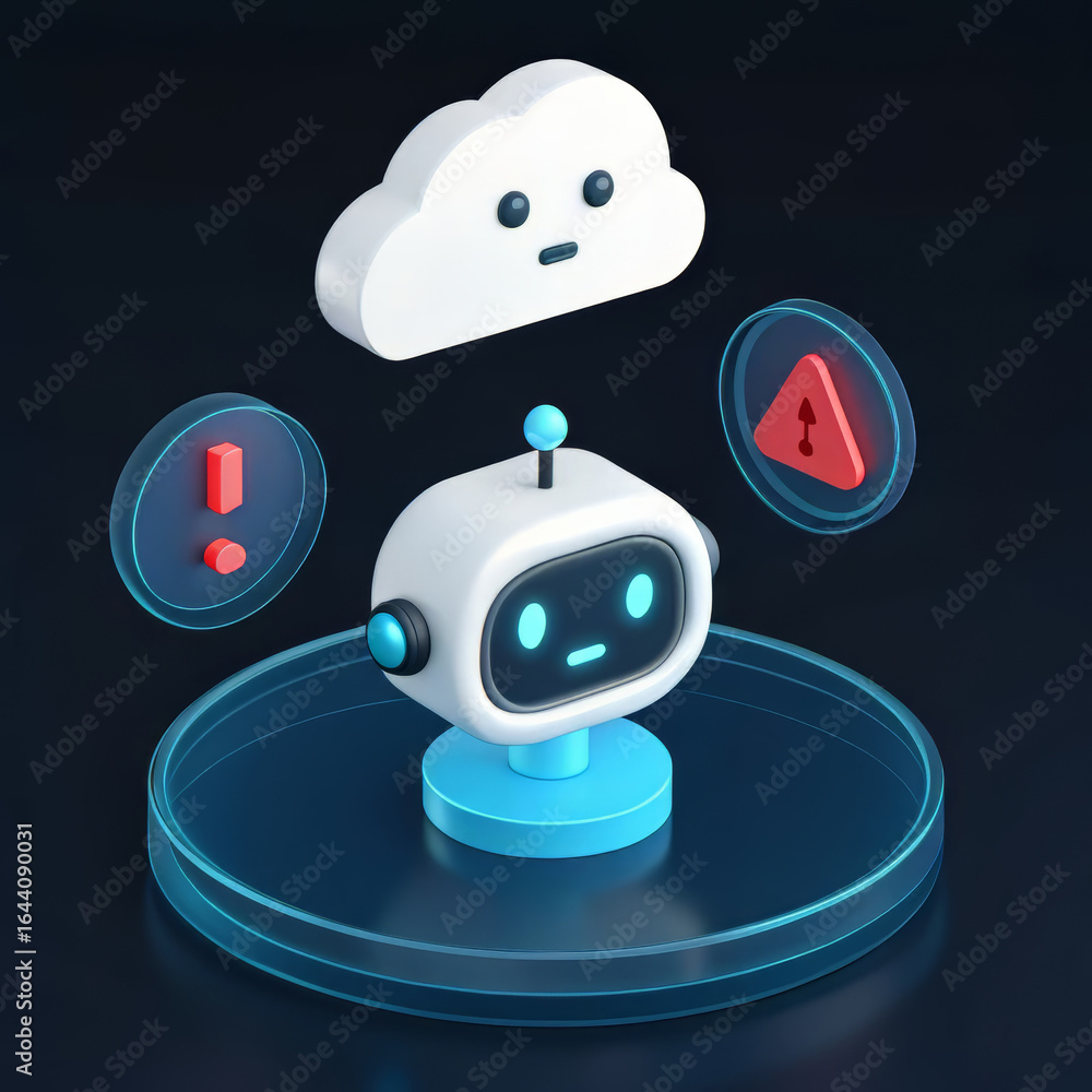 Poster a friendly robot assistant with a cloud and warning icons, representing ai and digital services in a