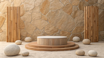 Natural wooden stage with stone and bamboo elements for organic product display and earthy presentation