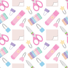 Stationery flat seamless pattern. School supplies vector pattern with scissors, paper stickers, paper clips, glue