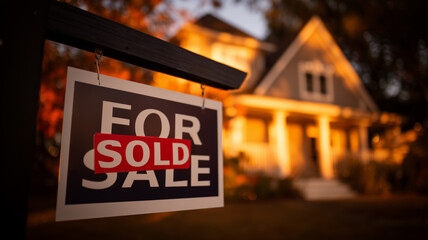 Sold sign before a warmly lit home at golden hour, capturing the moment a property changes hands and symbolizing successful negotiation, new beginnings, and confidence in the housing market.
