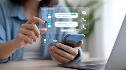 woman holding smartphone with social network icons