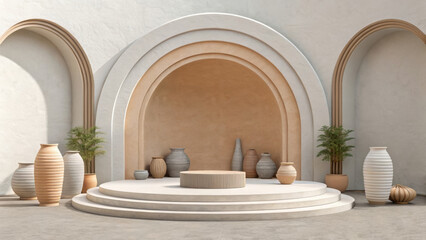 Elegant beige display stage with a central pedestal, arched architectural elements, and surrounding decorative vases