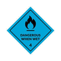 Dangerous When Wet Vector Label Class 4 of Hazardous Material. Flammable Solid Blue Sign in Flat Design Style on White Background. Safety Pictogram with Fire Symbol.