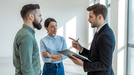 Real estate agent explaining details to a young couple inside