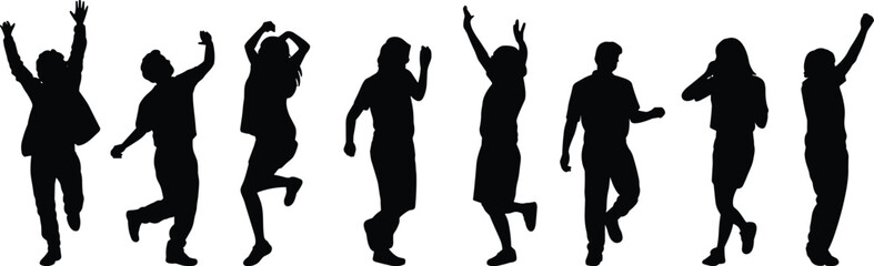 Silhouette of expressive people, jumping, walking, raised arms, dynamic pose set, vector illustration, cad drawing, flat design, stock image