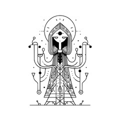 Stylized figure with halo and geometric dress in black and white line art illustration style