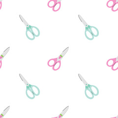Scissors flat vector seamless pattern. Blue and pink scissors pattern on white background