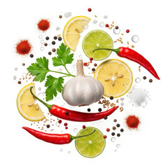 Fresh ingredients for cooking with chili, lemon, and garlic