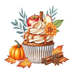 Autumn cupcake with caramel drizzle and fall decorations
