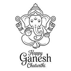 Happy Ganesh Chaturthi greeting card featuring elegant line art of Lord Ganesha with crown and four arms in symbolic gestures on white background