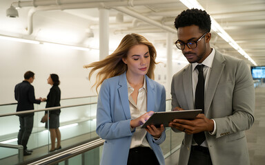 Business colleagues review tablet on escalator together indoors