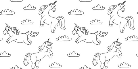 Doodle unicorns and clouds pattern. Hand drawn unicorn vector seamless pattern