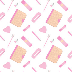 Pink school supplies seamless pattern. Vector flat stationery pattern with notebook, ruler, glue, pen