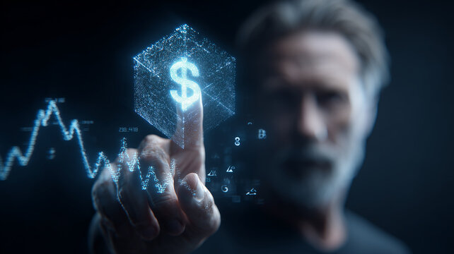 Businessman reaches to activate a glowing dollar icon amid floating charts.
Depicts digital finance decisions and the power of analytics guiding investment growth and opportunity.