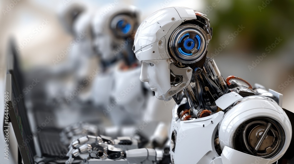 Poster robotic figures displayed in modern technology setting with global visuals in the background during 