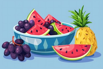 Vibrant Summer Fruit Bowl: Watermelon, Grapes, and Pineapple; Cartoon Style Illustration