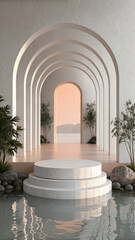Fototapeta premium An architectural walkway with a series of arches and a central display platform, surrounded by plants and water, creating a tranquil and inviting atmosphere