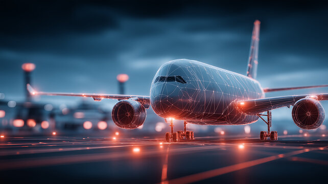 Commercial airliner on runway illuminated by a glowing digital network grid, engines and landing gear detailed in a futuristic airport scene. Represents smart aviation, connected aircraft systems