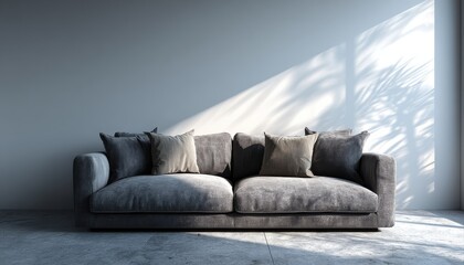 Modern gray sofa elegantly positioned against a pristine white wall creating a spacious atmosphere suitable for various interior design styles with ample room for customization and personalization