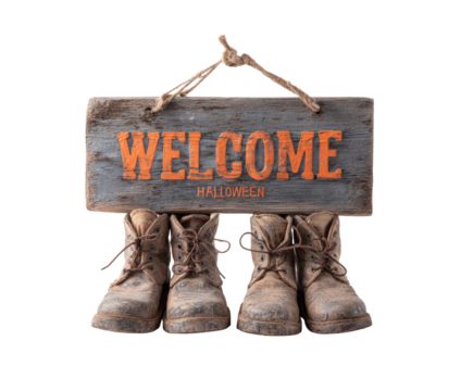 Halloween welcome sign held up by old, weathered boots, creating a spooky look.