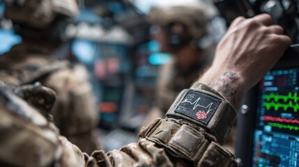 Focused medium shot of soldiers forearm with a hightech vitals monitoring patch faint blurred figures of medics and digital screens in background highlighting remote medical