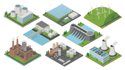 Isometric Power Generation Collection Renewable Energy Resources and Fossil Fuel Plants Diverse Clean and Polluting Energy Solutions